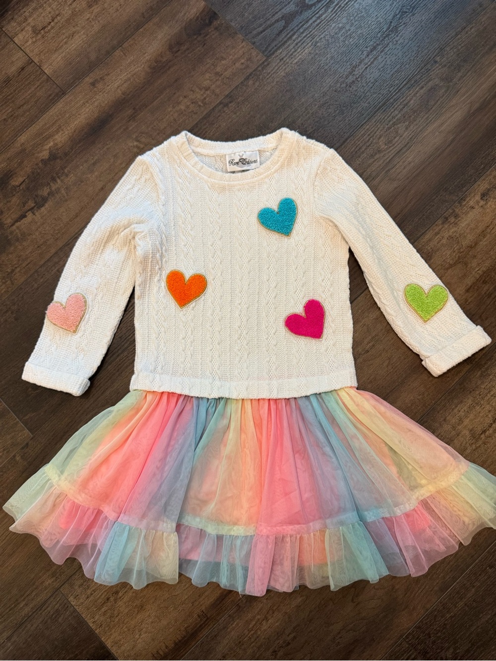 Rare Editions girls size 6 sweater tunic dress with heart patches rainbow tulle